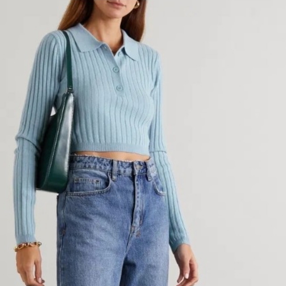 REFORMATION Clancey Cropped Recycled Cashmere Blue Knit Polo Top Small - Picture 4 of 13